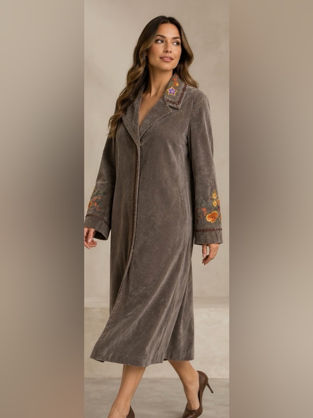 J.Jill vintage Taupe floral Embroidered trench Coat Duster Boho Sz Large Tall